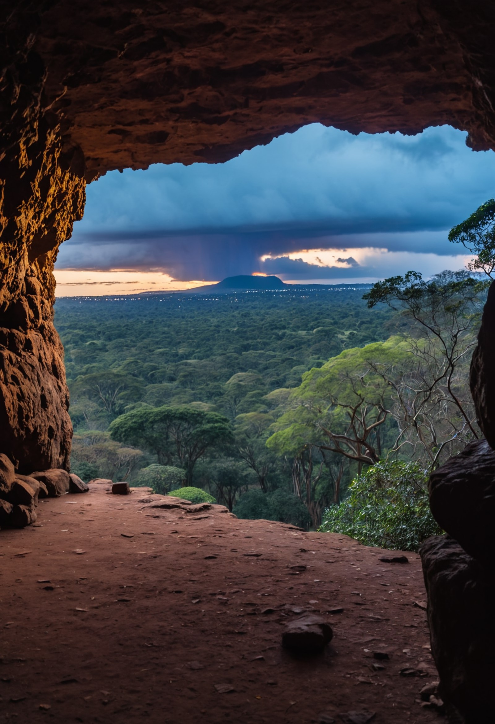photograph, landscape of a Mythical Grotto from inside of a Harare, at Twilight, Depressing, Cloudpunk, Cold Lighting, dyn...